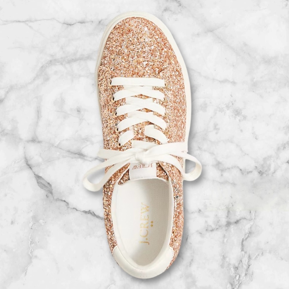 🆕J. Crew Gold Sneakers with Glittery Upper and Casual Lace-Up Design - Picture 2 of 15